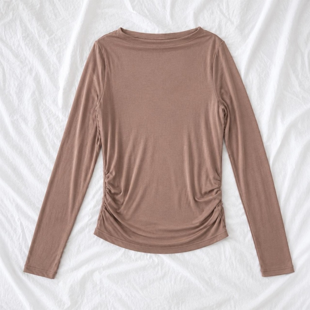 Old Navy Brown Ruched Long Sleeve Boat Neck Fitted Top Large